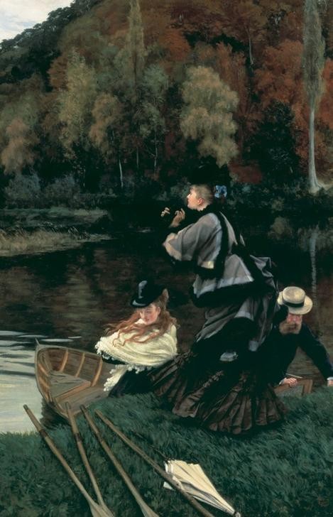 James Tissot (Jacques-Joseph), Autumn on the Thames (Nuneham Courtney) (Bootspartie,Damenmode,Frau,Herbst,Jahreszeiten,Kunst,Mode,Freizeit,Rudern,Fluss,Portrait,Salonmalerei,Reise,Französische Kunst,Junge Frau)