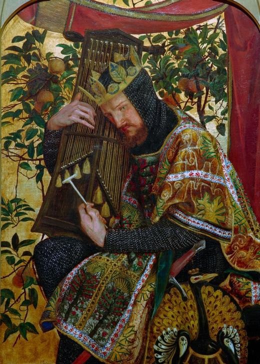 Dante Gabriel Rossetti, David as King (Harfe,König,Musik,Saiteninstrument,Instrument,Altes Testament,Pfau,Triptychon,Bibel,Präraffaeliten,Englische Kunst,Kettenhemd,Viktorianische Kunst,Zupfinstrument,Krone,Ausschnitt)