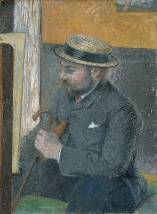 Paul Gauguin, L’homme au canotier (Herrenhut,Kopfbedeckung,Kunst,Mann,Mensch,Portrait,Strohhut,Französische Kunst,Spazierstock,Sitzen,Schule Von Pont-Aven,Kreissäge (Hut))