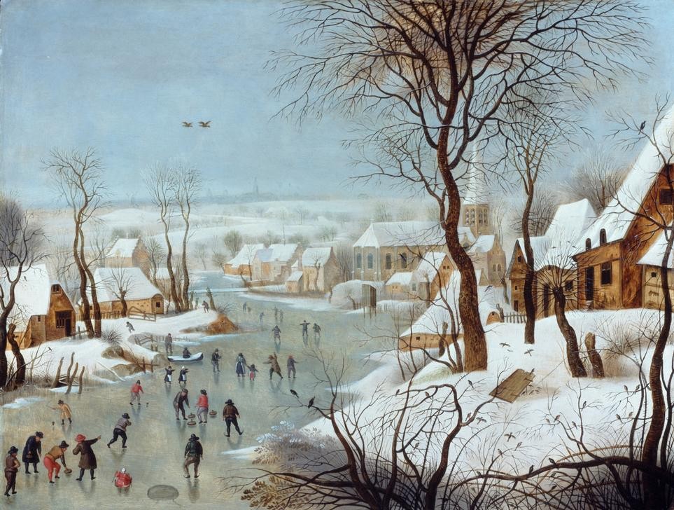 Pieter Brueghel der Jüngere, Winterlandschaft mit Vogelfalle (Dorf,Eislauf,Eisstockschiessen,Falle,Jahreszeiten,Kunst,Landschaft,Winter,Wintersport,Schnee,Niederländische Kunst,Vogeljagd)