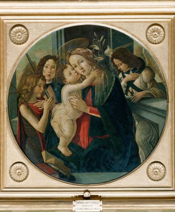 Sandro Botticelli, Maria mit Kind, dem Johannesknaben und zwei Engeln (Engel,Kind,Religion,Renaissance,Maria Mit Kind,Tondo,Italienische Kunst,Jesusknabe,Knabe)