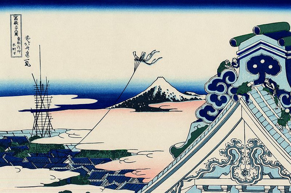 Katsushika Hokusai, A view of Mount Fuji from Asakusa Hongan-ji Temple in Edo (Geschichte,Kunst,Tempel,Japanische Kunst)