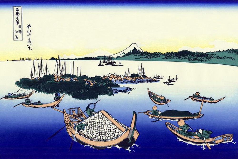 Katsushika Hokusai, Tsukada Island in Musashi Province (Insel,Boot,Geschichte,Kunst,Japanische Kunst,Fischfang)