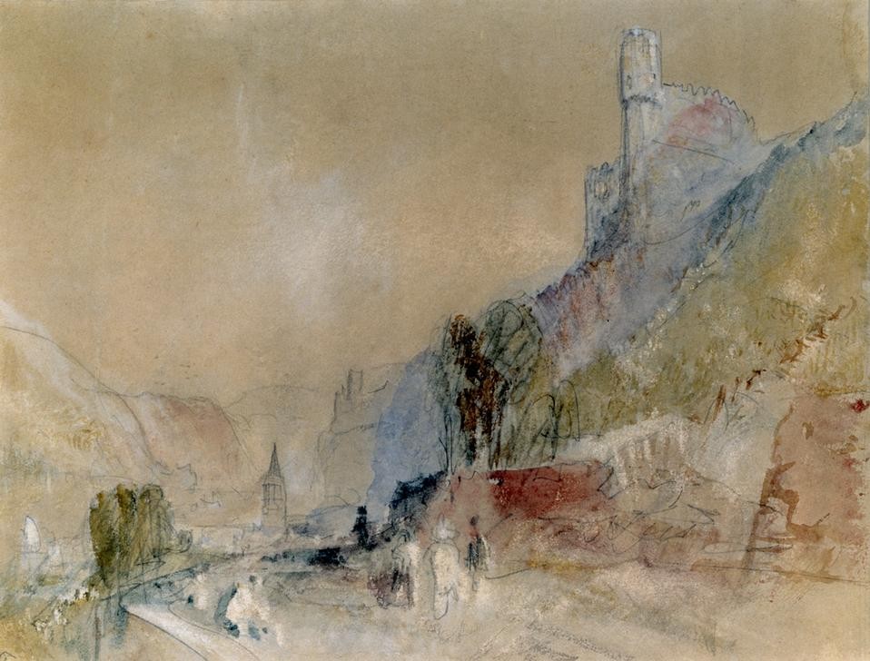 JOSEPH MALLORD WILLIAM TURNER, Die Clemenskapelle mit Burg Rheinstein und Burg Reichenstei (Burg (Bauwerk),Geographie,Kunst,Vedute,Englische Kunst,Romantik,Topographie,Rheinromantik)