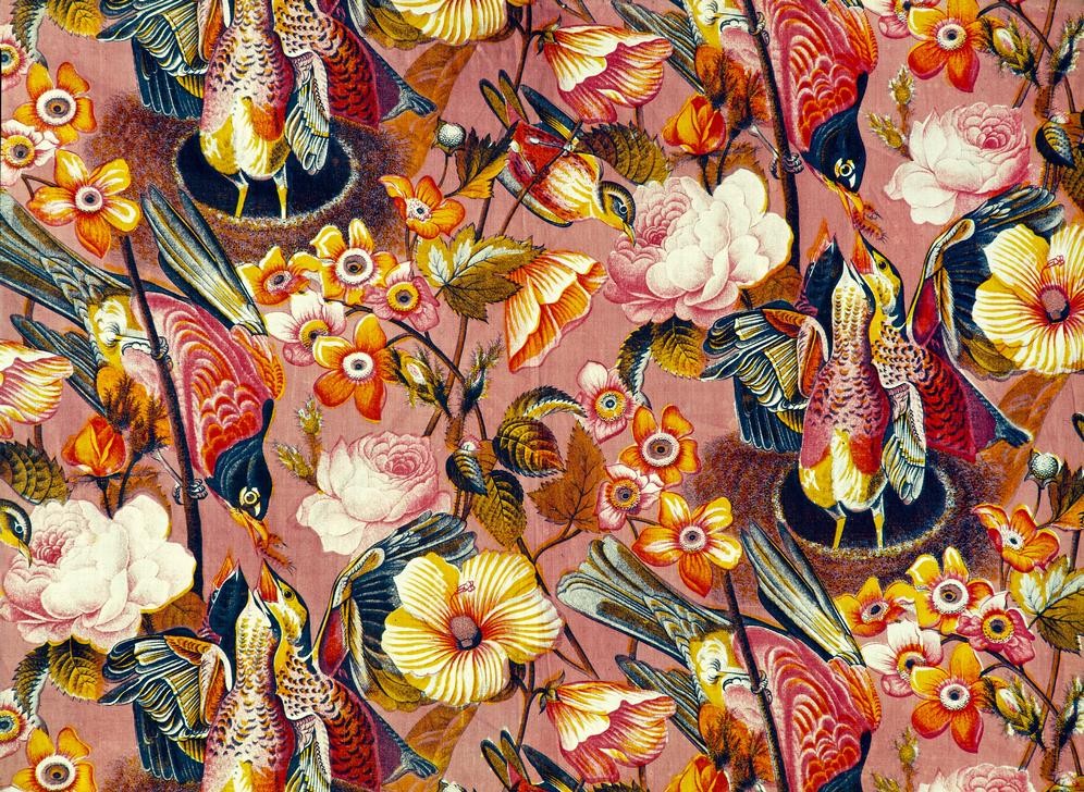 nach John James Audubon, Papiertapete mit Blumen und Vögeln (Baumwolle,Botanik,Tapete,Tapetendruck,Textil,Vogel,Wohnung,Zoologie,Vogelnest,Englische Kunst,Fütterung,Nest,Blume,Symbolbild)