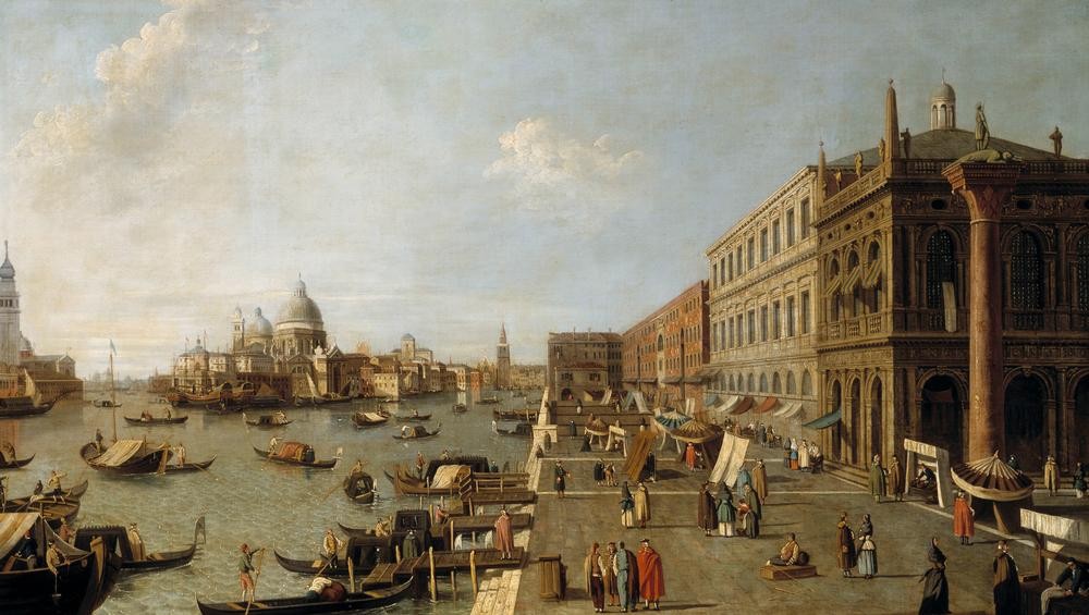 Giovanni Antonio Canaletto, Molo in Venedig mit der Säule des Hl. Theodor und der Librer (Städte, Venedig, Vedute, Architektur, Santa Maria della Salute, Zollpunkt, Gondeln, Lagune, Klassiker, Barock, Wunschgröße, Wohnzimmer)