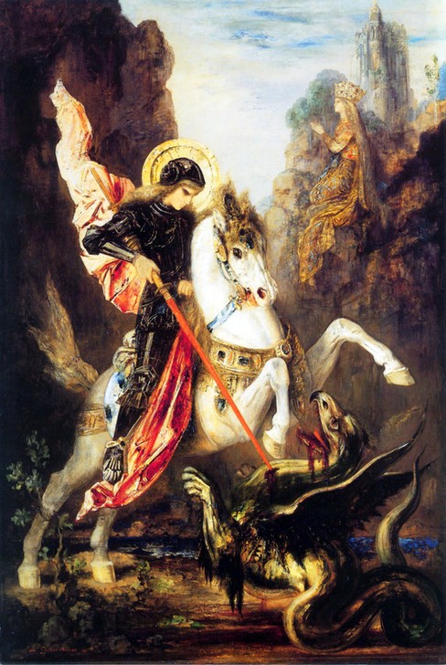 Gustave Moreau, St George and the Dragon (Christentum, Pferd, Religion, Ritter, Waffe, Drache, Held, Heiliger Georg, Drachentöter,   Wunschgröße, Klassiker, Symbolsimus, Wohnzimmer)