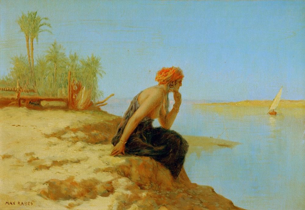 Max Rabes, Abend am Nil bei Assuan (Frau,Kunst,Rast,Völkerkunde,Tageszeiten,Abend,Segelboot,Fluss,Orientalismus,Fernweh,Österreichische Kunst,Ausruhen,Frauenleben,Sitzen,Feluke,Kopf Stützen)