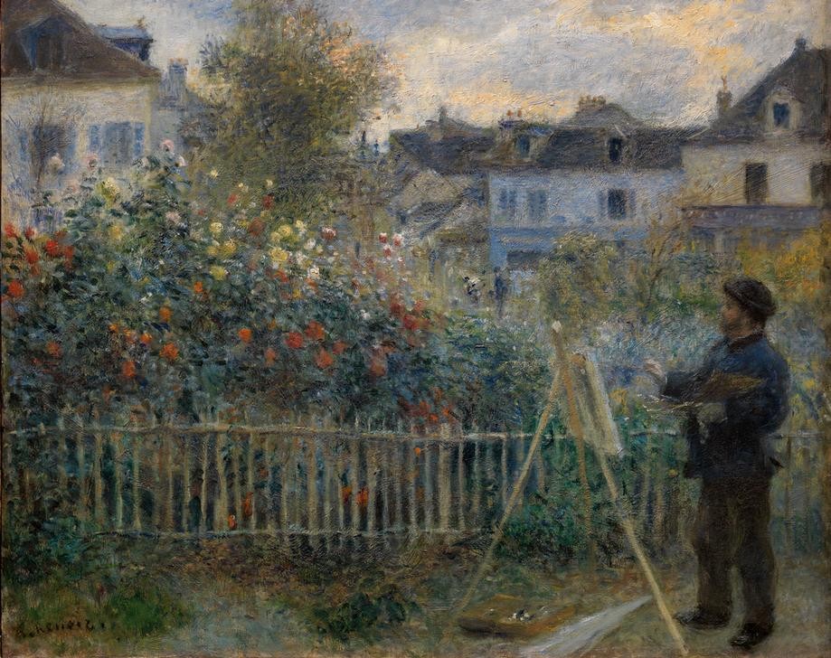 Pierre-Auguste Renoir, Claude Monet beim Malen in seinem Garten in Argenteuil (Freilichtmalerei,Künstlerleben,Kunst,Maler (Künstler),Szene,Staffelei,Impressionismus,Künstler Bei Der Arbeit,Zaun,Hausgarten,Französische Kunst,Menschen Im Garten,Blume,Garten)