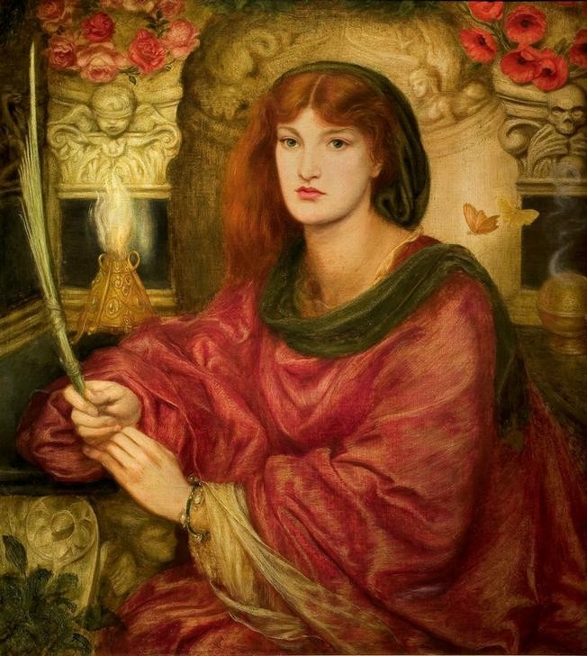 Dante Gabriel Rossetti, Sibylla Palmifera (Frau,Kunst,Mensch,Schmuck,Schönheit,Symbolismus,Portrait,Schmetterling,Präraffaeliten,Englische Kunst,Armband,Palmzweig,Junge Frau,Halbfigur,Faltenwurf,Gewand)