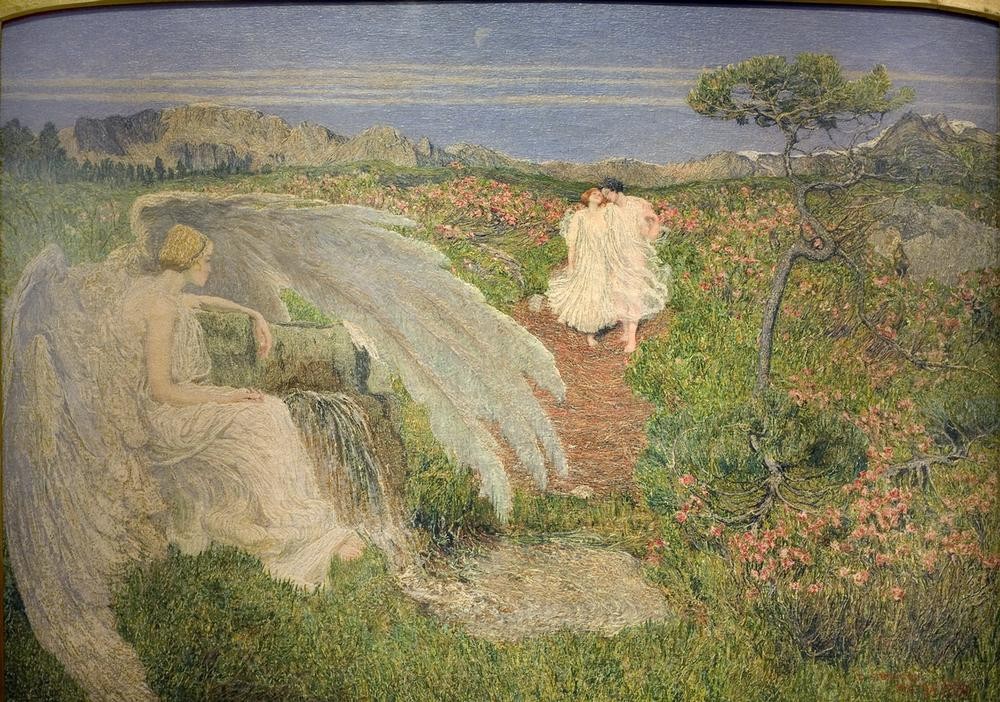 Giovanni Segantini, Die Liebe am Brunnen des Lebens (Biologie,Christentum,Engel,Geburtsvorstellungen,Jugend (Lebensalter),Jugendstil,Kunst,Landschaft,Liebe,Liebespaar,Maler (Künstler),Religion,Symbolismus,Allegorie,Quelle,Italienische Kunst,Fruchtbarkeit,Schweizerische Kunst,Fortpflanzung,Paradiesbrunnen,Li)