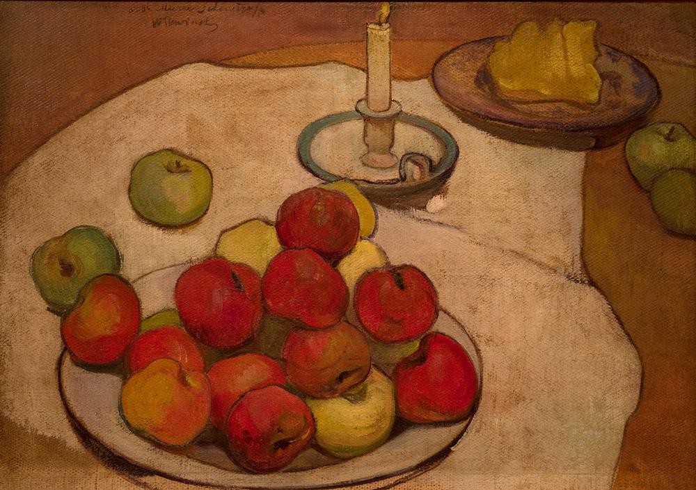 Wladyslas Slewinski, Stillleben mit Äpfeln und Kerzenständer (Apfel,Kunst,Obst,Stillleben,Obstschale,Polnische Kunst,Synthetismus,Schule Von Pont-Aven,Kerzenständer)