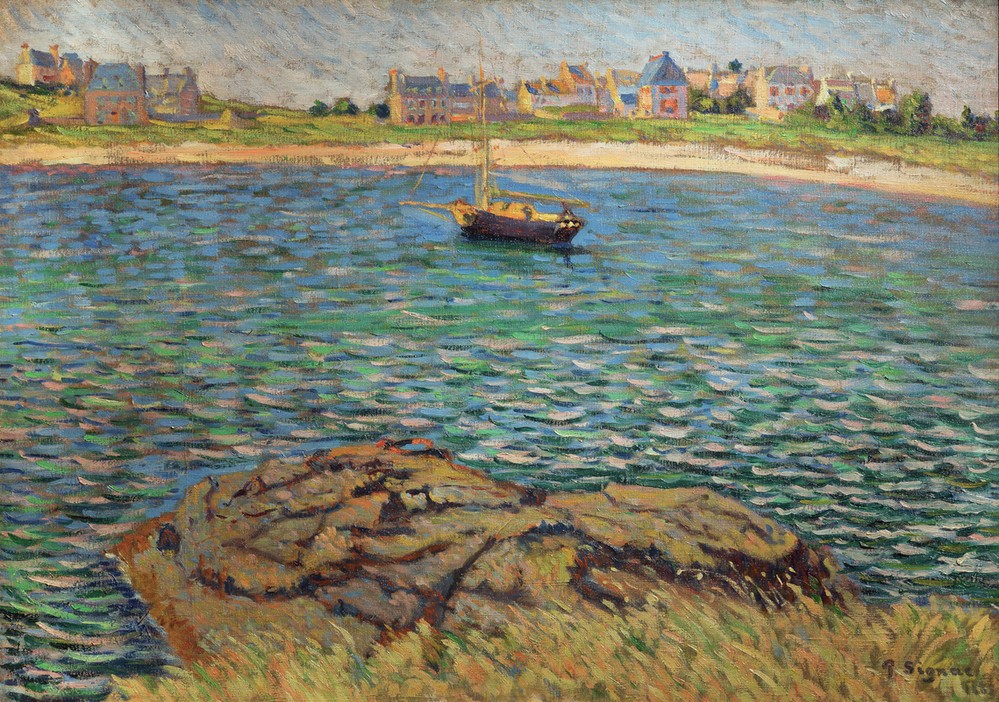 Paul Signac, Saint-Briac, Le Béchet (Geographie,Küste,Kunst,Landschaft,Fischerboot,Meer,Pointillismus,Französische Kunst,Flut,Bucht,Topographie,Privatsammlung)