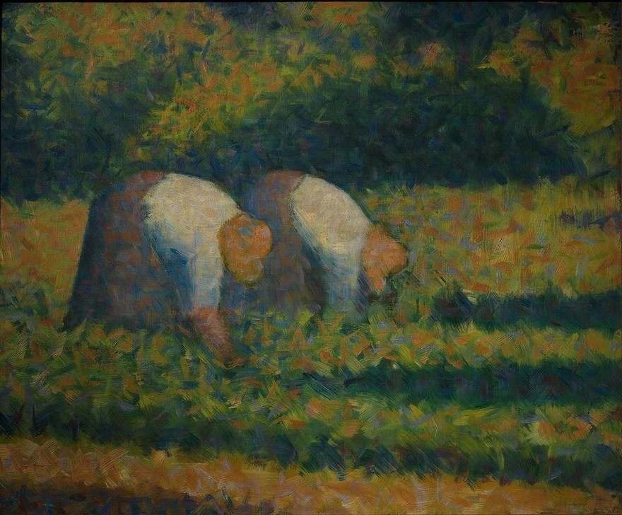 Georges Seurat, Bäuerinnen bei der Arbeit (Ackerbau,Arbeit,Ernte,Frau,Kunst,Landschaft,Mensch,Pointillismus,Bäuerin,Französische Kunst,Feld,Landleben,Landbevölkerung,Landarbeit,Bücken,Feldarbeit,Landwirtschaft)