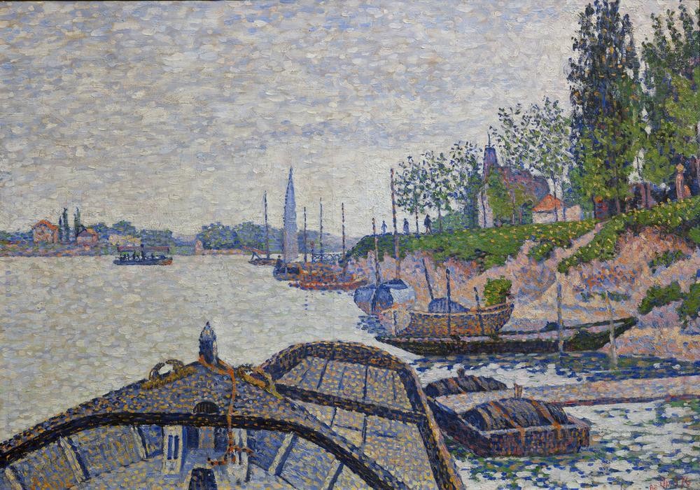 Camille Pissarro, Vorderer Teil des Tub (Boot,Kunst,Landschaft,Schiff,Impressionismus,Fluss,Pointillismus,Lastkahn,Französische Kunst,Binnenschiffahrt,Ufer,Privatsammlung,Postimpressionismus,Bootssteg,Schifffahrt)