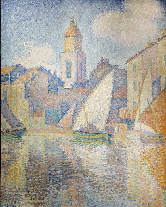 Paul Signac, Kirchturm von Saint-Tropez (Hafen,Kunst,Turm,Meer,Impressionismus,Segelboot,Pointillismus,Kirchturm,Postimpressionismus)