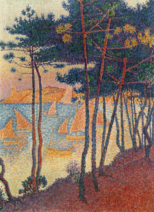Paul Signac, Segel und Pinien (Küste,Kunst,Schiff,Meer,Impressionismus,Segelboot,Pointillismus,Baum,Pinie,Privatsammlung,Postimpressionismus,Nadelbaum,Schifffahrt)