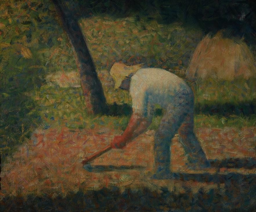 Georges Seurat, Bauer mit Hacke (Ackerbau,Arbeit,Bauer (Landwirt),Geräte,Kunst,Landschaft,Mann,Mensch,Hut,Pointillismus,Hacke,Französische Kunst,Feld,Sonnenhut,Landleben,Landbevölkerung,Landarbeit,Feldarbeit,Landwirtschaft)
