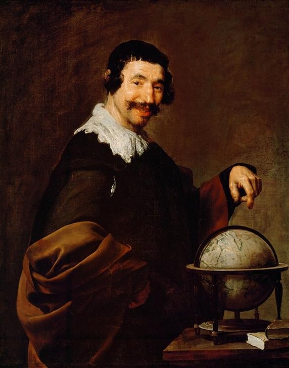Diego Rodriguez de Silva y Velasquez, Demokrit (Gelehrter,Geographie,Globus,Himmelsglobus,Mann,Philosoph,Bart,Barock,Schnurrbart,Philosophie,Wissenschaftler,Portrait,Spanische Kunst,Lächeln,Gute Laune,Geograf)
