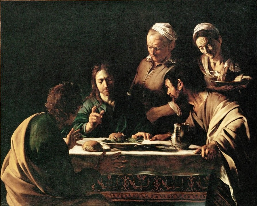 Caravaggio, Christus in Emmaus (Christus, Jünger, Wirtshaus, Tafel, Mahlzeit, Segen, Bibel, Neues Testament, Barock, hell-dunkel, Klassiker, Malerei, Wunschgröße, Wohnzimmer)
