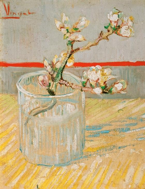 Vincent van Gogh, Blühender Mandelbaumzweig in einem Glas (Baumblüte,Früchte,Kunst,Impressionismus,Frühling,Stillleben,Niederländische Kunst,Holländische Kunst,Zweig,Trinkglas,Mandelbaum)