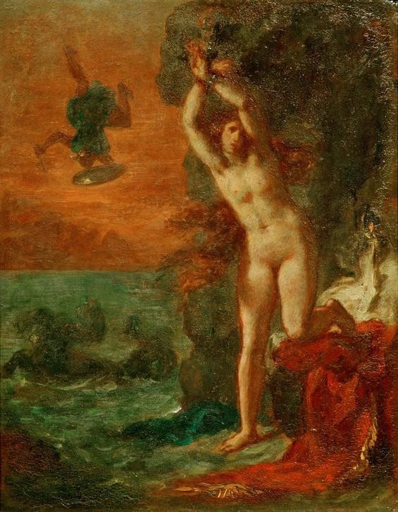 Eugene Delacroix, Persée et Andromède (Frau,Kunst,Mythologie,Meer,Akt,Fabelwesen,Seeungeheuer,Gefangenenbefreiung,Befreiung (Gefangenschaft),Rettung,Ungeheuer,Felsen,Französische Kunst,Nacktheit,Schweben,Fesselung,Romantik,Griechisch-Römische Mythologie)