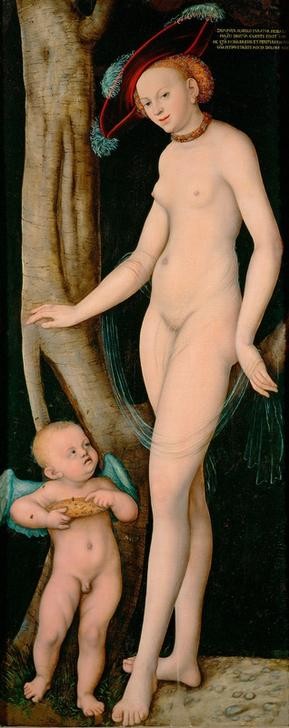 Lucas Cranach der Ältere, Venus mit Amor als Honigdieb (Damenhut,Deutsche Kunst,Frau,Kind,Kunst,Liebe,Mythologie,Hut,Renaissance,Akt,Manierismus,Honig,Göttin,Kleidung (Allgemein),Griechisch-Römische Mythologie,Mütze)