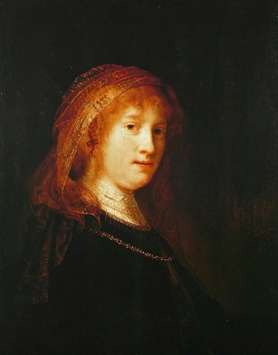 Rembrandt Harmenszoon van Rijn, Saskia mit Schleier (Ehefrau,Frau,Kunst,Maler (Künstler),Barock,Schleier,Ehefrau Von Berühmten,Portrait,Künstlerfrau,Niederländische Kunst,Holländische Kunst,Kleidung (Allgemein),Kopf,Brustbild,Person)