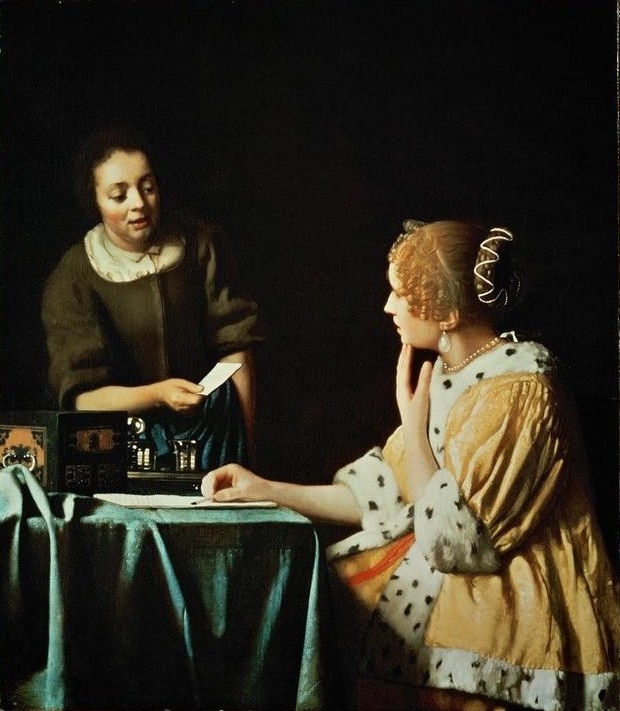 Jan Vermeer, Dame mit Dienstmagd und Brief (Brief,Dienstboten,Frau,Mädchen,Schmuck,Schreiben Und Schrift,Perle,Barock,Hermelin,Niederländische Kunst,Botenfrau,Holländische Kunst,Diener,Dienstmädchen,Schreiben,Kleidung (Allgemein),Frauenleben,Korrespondenz,Tier,Pelzbesatz,Schreiberin)