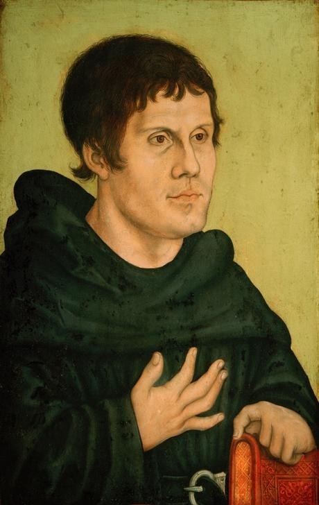 Lucas Cranach der Ältere, Bildnis Martin Luther als Augustinermönch (Deutsche Kunst,Kunst,Mann,Reformation,Reformator,Renaissance,Hand,Portrait,Mönch,Augustiner,Kutte,Brustbild,Person)