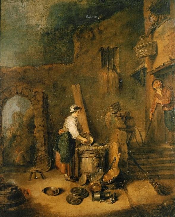 Jean-Antoine Watteau, L’écureuse de cuivre (La cuisinière) (Dienstboten,Frau,Hausarbeit,Koch,Mensch,Rokoko,Kochen,Teller,Genre,Französische Kunst,Putzen,Dienstmädchen,Frauenleben,Küchenpersonal,Kupfergeschirr,Polieren,Reinigung,Gewerbe)