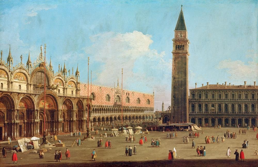 Giovanni Antonio Canaletto, Der Markusplatz in Venedig nach Süden gesehen (Städte, Venedig, Vedute, Dogenpalast, San Marco, Kirche, Markusplatz, Campanile, Glockenturm, Architektur,   Wunschgröße, Wohnzimmer, Klassiker, Barock,)