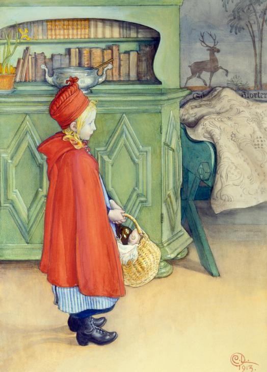 Carl Larsson, Rodkappan (Besuch,Kind,Kopfbedeckung,Kunst,Literatur,Märchen,Mädchen,Rollenbild,Schrank,Wohnung,Hut,Portrait,Schwedische Kunst,Korb,Kappe (Kopfbedeckung),Cape,Kapuze,Portrait Historie,Rot,Bücherschrank,Mütze,Umhang)