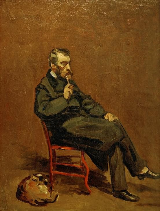 Claude Monet, Mann mit Pfeife (Mann,Mensch,Impressionismus,Pfeife (Tabak),Rauchen,Herr Und Hund,Hund,Portrait,Französische Kunst,Sitzen,Ganzfigurig,Beine (Übereinandergeschlagen),Schlafen (Schlaf),Raucher)