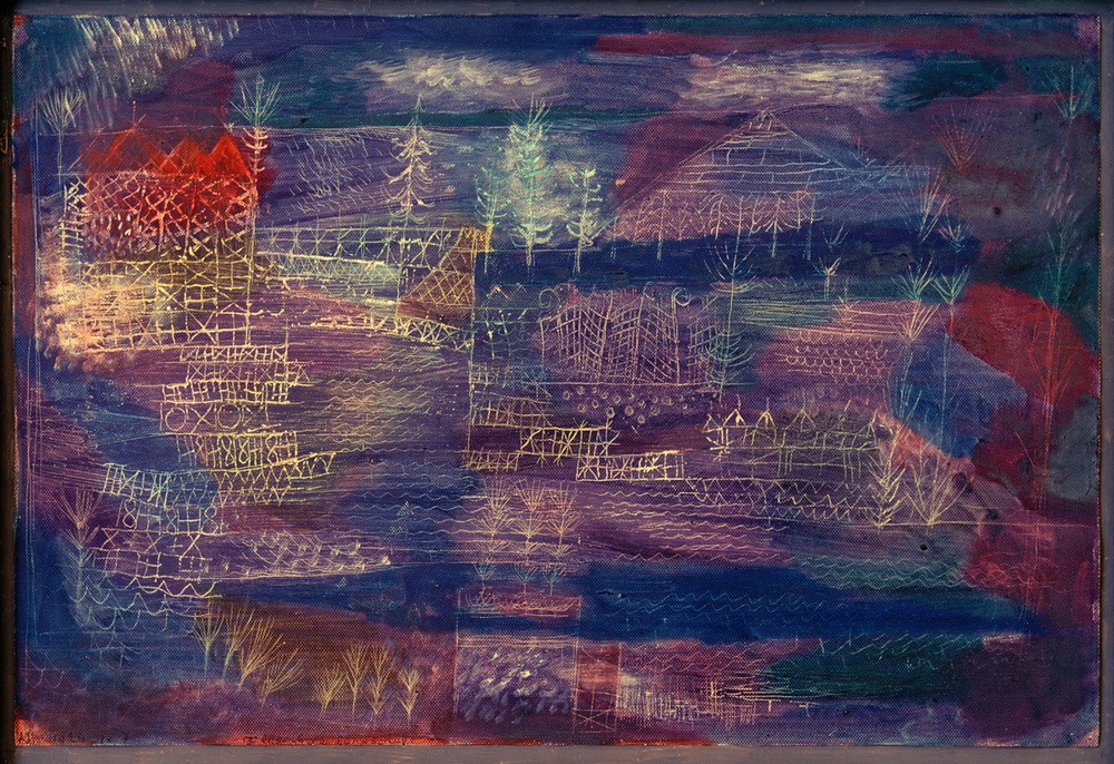 Paul Klee, Flussbaulandschaft (Bauhaus,Deutsche Kunst,Haus,Kunst,Landschaft,Pyramide,Fluss,Baum,Abstrakte Kunst,Schweizerische Kunst,Ufer,Blau,Abstraktion,Lila,Farbe)