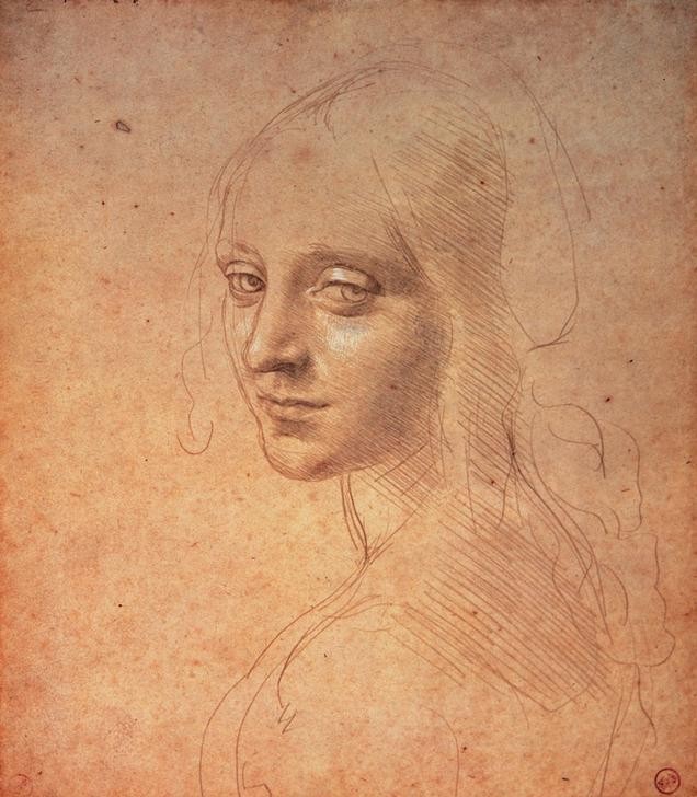 Leonardo da Vinci,  Kopfstudie einer jungen Frau (Engel,Frau,Kunst,Mensch,Schönheit,Renaissance,Portrait,Studie,Felsengrottenmadonna,Italienische Kunst,Kopfstudie,Lächeln)