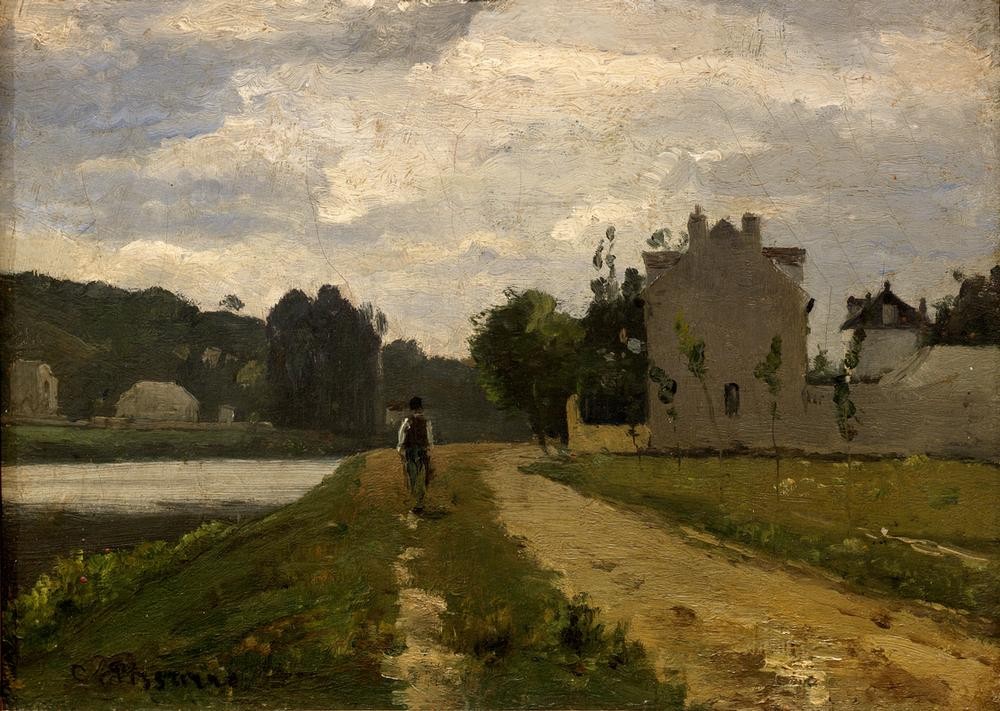 Camille Pissarro, Die Marne in La Varenne-Saint-Hilaire (Gewässer,Kunst,Landschaft,Impressionismus,Fluss,Rückenfigur,Französische Kunst,Fussgänger,Uferstrasse)