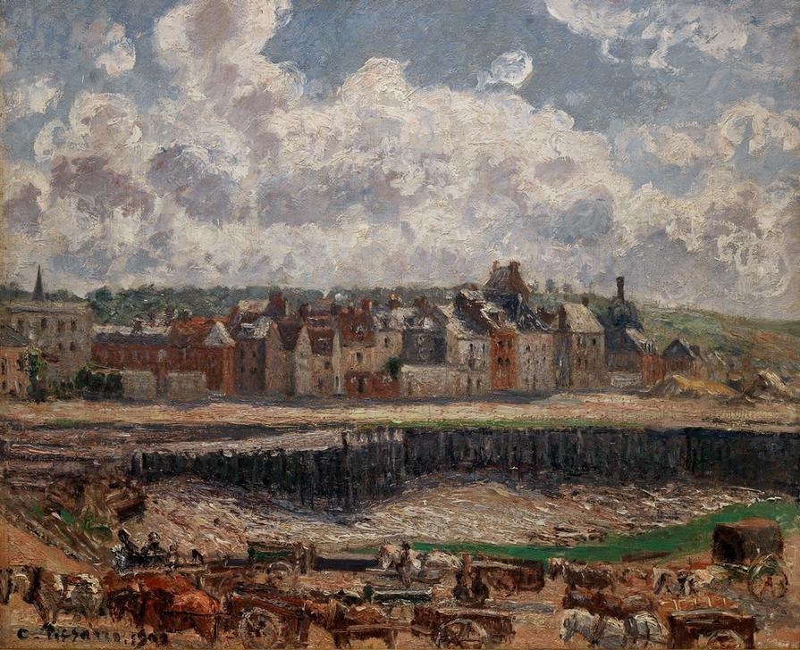 Camille Pissarro, Pferde und Karren vor dem Hafenbecken von Dieppe (Geographie,Hafen,Küste,Kunst,Pferdewagen,Impressionismus,Stadtansicht,Architekturdarstellung,Französische Kunst,Ebbe,Karren,Stadtlandschaft,Topographie,Privatsammlung)