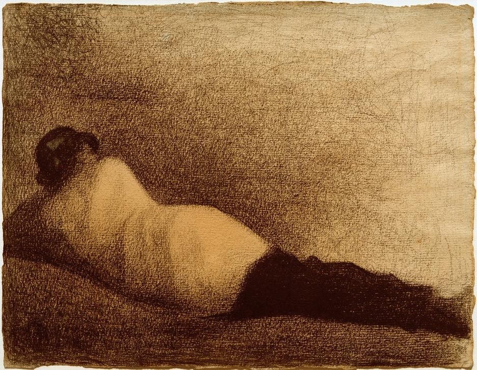 Georges Seurat, Liegender Mann (Studie zu Badeplatz bei Asnières) (Kopfbedeckung,Kunst,Mann,Mensch,Freizeit,Impressionismus,Hut,Portrait,Rückenfigur,Studie,Französische Kunst,Kleidung (Allgemein),Liegen,Kopf Stützen,Ganzfigurig)
