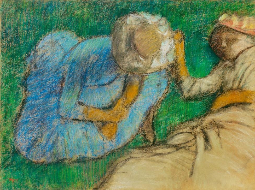 Edgar Degas, Jeunes femmes se reposant dans un pré (Damenhut,Damenmode,Frau,Freundschaft (Allgemein),Kunst,Mädchen,Mode,Rast,Freizeit,Impressionismus,Reise,Französische Kunst,Im Freien (Allgemein),Kleidung (Allgemein),Fin De Siecle,Ausruhen,Frauenleben,Nichtstun,Entspannung,Freundin)
