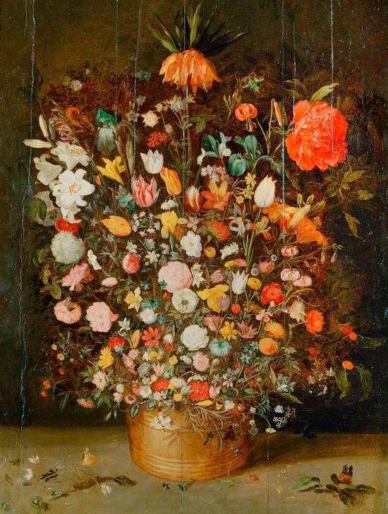 Jan BRUEGHEL DER Jüngere, Stillleben mit Blumenstrauß in einem Holzgefäß (Botanik,Flämische Kunst,Kunst,Lilie,Rose,Tulpe,Barock,Stillleben,Bottich,Blumenstrauss,Nelke,Niederländische Kunst,Gefäss,Blume,Pfingstrose,Privatsammlung,Holzgefäss,Kaiserkrone (Blume),Türkenbund)