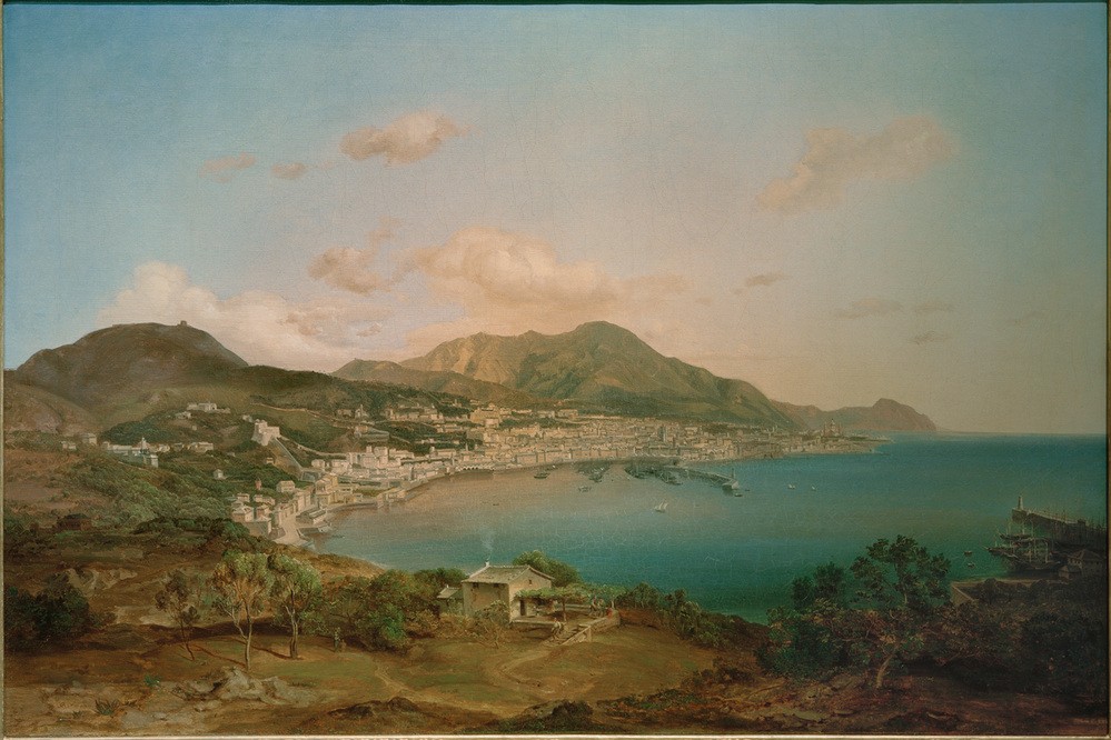 Carl Rottmann, Blick über Genua  (Landschaftsmalerei, Italien, Ligurien, Hafenstadt, Meer, Panorama,  Malerei, Romantik, Klassiker, Wunschgröße, Wohnzimmer, bunt)