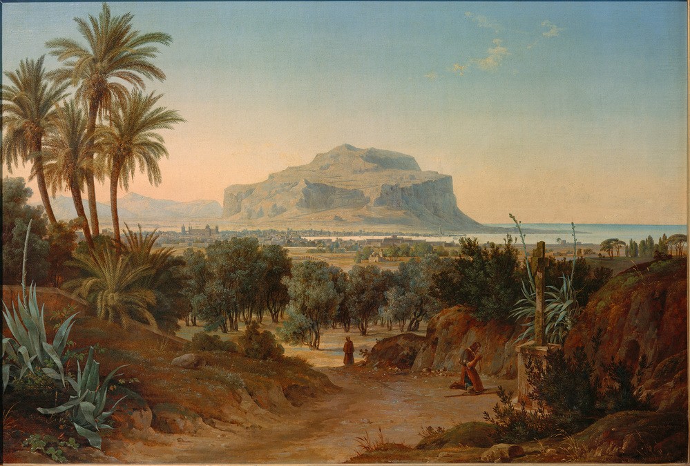 August Wilhelm, Blick auf Palermo und den Monte Pellegrino  (Landschaftsmalerei, Italien, Sizilien, Weg, Palmen, Felsen, Meer, Klassizismus, Klassiker, Wunschgröße, Wohnzimmer,)