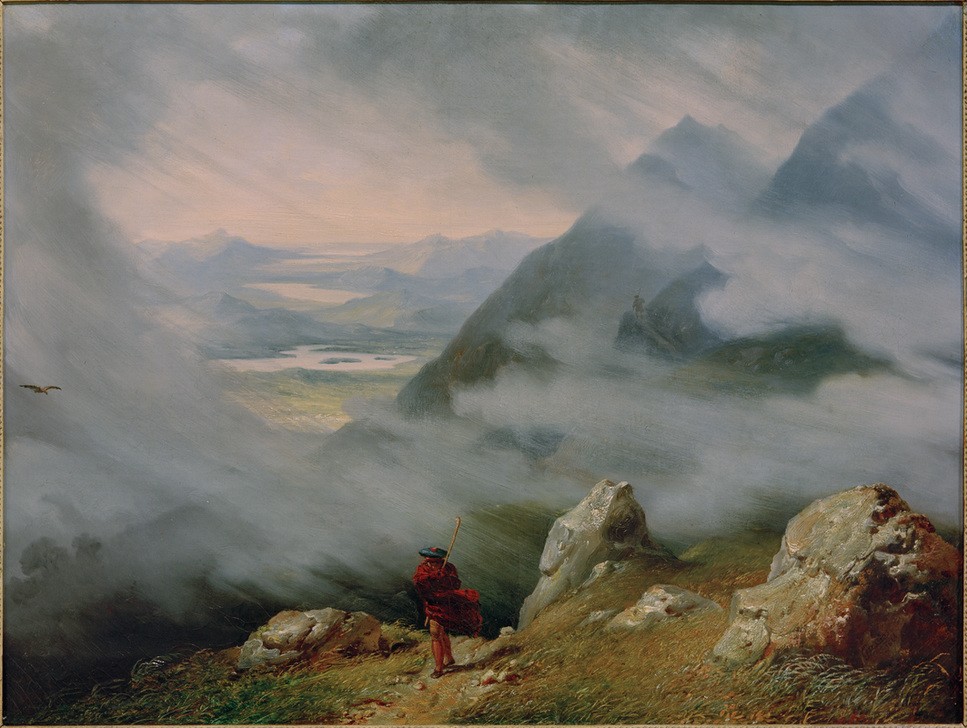 Jean-Bruno Gassies, Landschaft in Schottland  (landschaft, Landschaftsmalerei, Berge, Gebirge, Natur, Wetter, Wolken, einsamer Wanderer, Wunschgröße, Malerei, Wohnzimmer)