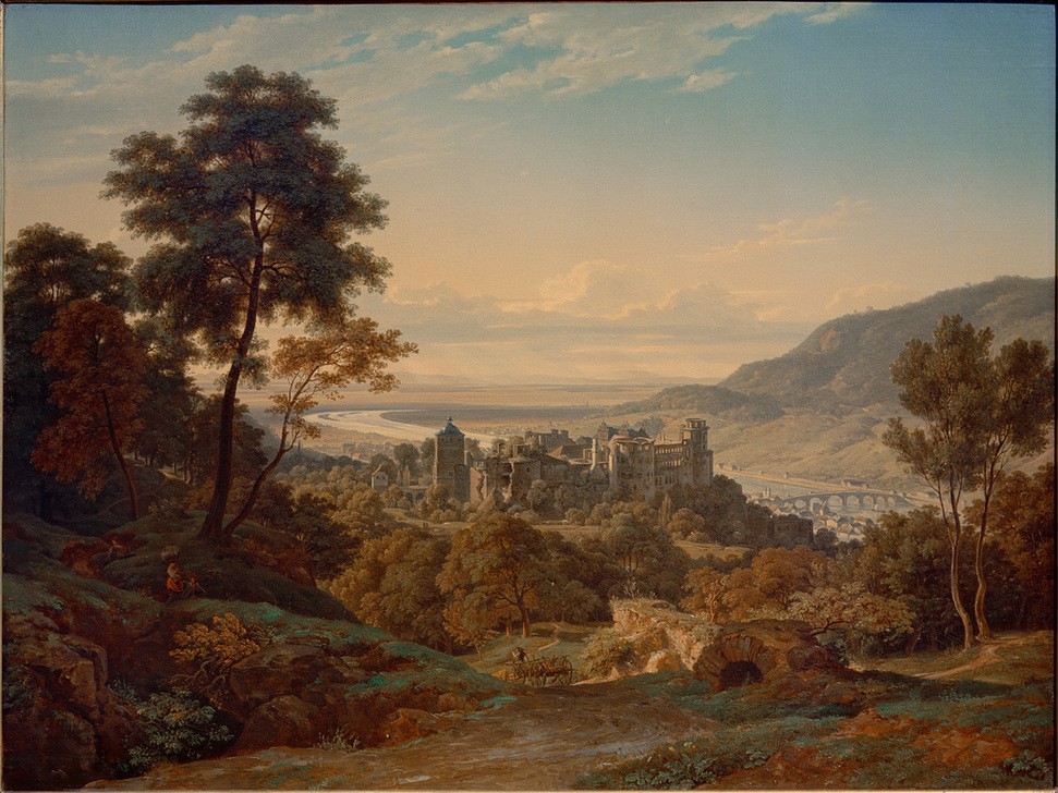 Ernst Fries, Heidelberg, Schloß und Stadt von Osten mit Blick auf die Rh  (Landschaft, Landschaftsmalerei, Panorama, Heidelberg, Schloss, Fluss, Neckar, Klassiker, Wohnzimmer, Malerei, Romantik, Wunschgröße, bunt)