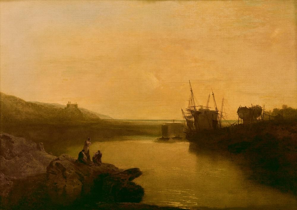 JOSEPH MALLORD WILLIAM TURNER, Harlech Castle (Burg (Bauwerk),Geographie,Küste,Kunst,Landschaft,Mensch,Schiff,Schloss,Sonnenuntergang,Meer,Fluss,Englische Kunst,Ufer,Dämmerung,Romantik,Mündung,Topographie)