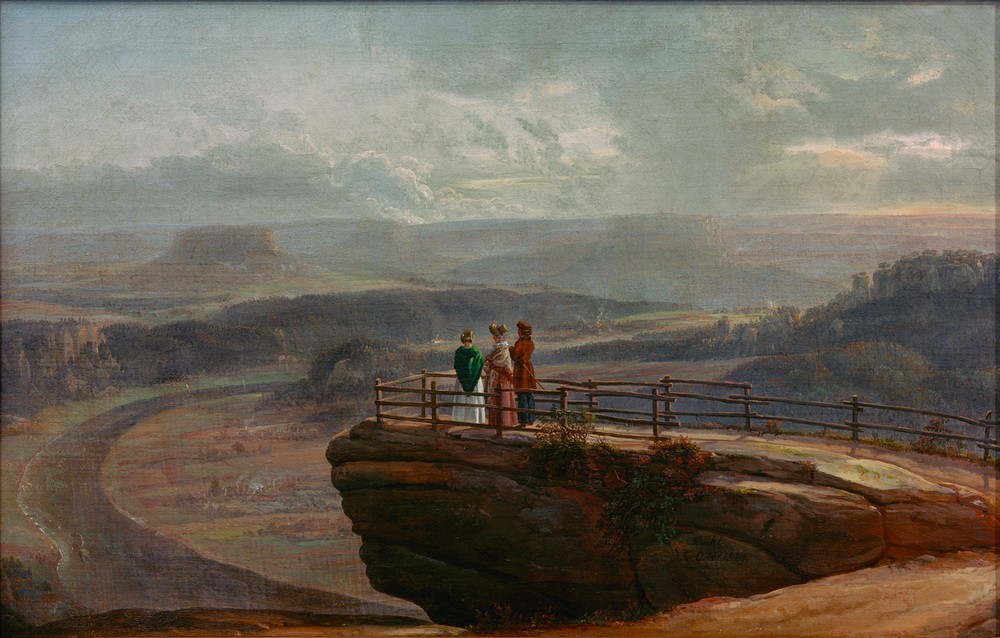 Johan Christian Clausen-Dahl, Blick von der Bastei (Gebirge, Aussichtspunkt, Panorama, Landschaft, Landschaftsmalerei, Malerei, Wunschgröße, Klassiker, Romantik, Wohnzimmer)