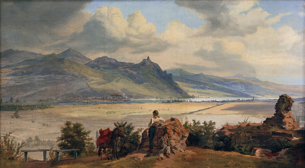 Frederik Hansen, Blick auf das Siebengebirge mit Königswinter und der Ruine  (Landschaft, Landschaftsmalerei, Deutschland, Felder, Berge, Ruine, Siebengebirge, Klassiker, Romantik, Wunschgröße, Wohnzimmer)