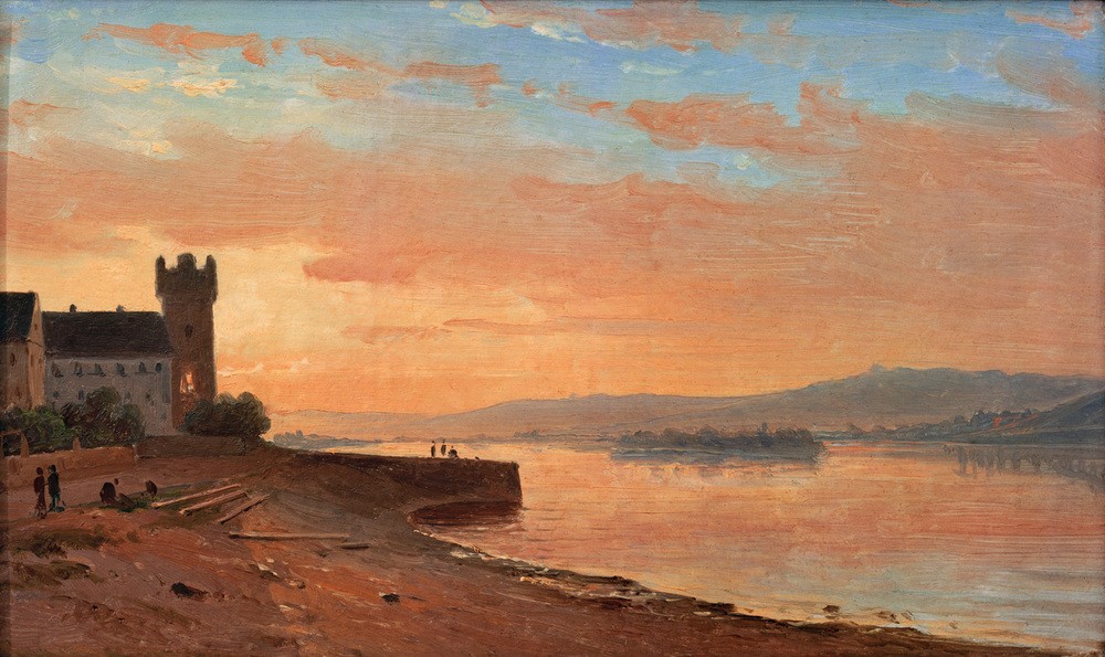 Carl Morgenstern, Sonnenaufgang am Rhein bei Rüdesheim mit dem Adlerturm  (Landschaft, Landschaftsmalerei,   Fluss, Rhein, Deutschland, Dämmerung, Sonnenaufgang, Licht, Turm, Stimmung, Wohnzimmer, Klassiker, Wunschgröße)