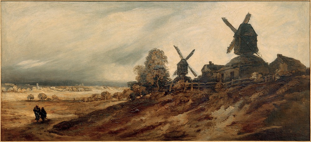 Georges Michel, Mühlen in Montmartre  (Landschaft, Mühlen, Paris, historisch, Landschaftsmalerei, Wunschgröße, Klassiker, Wohnzimmer, Malerei, bunt)